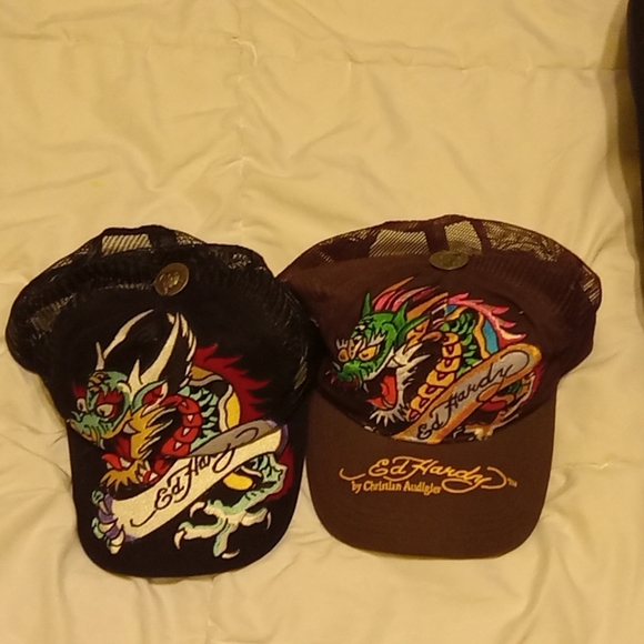 Two Ed Hardy hats one black one Brown New Never Worn - Picture 3 of 3